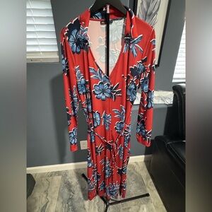 Zara Vibrant Orange Long Sleeve Dress with Blue Floral Pattern
